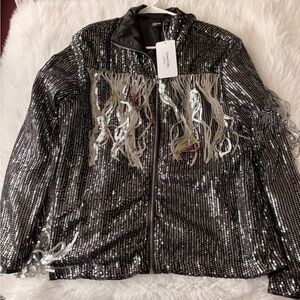 Sequin Fringe Black Bomber Jacket